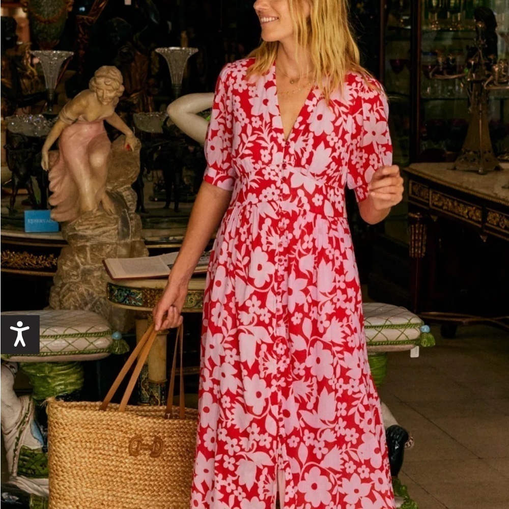 Boden Elsa Crinkle Midi Tea Dress Color: Flame Scarlet, Tulip Garden 8P NWT